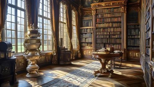 Grand baroque library interior bathed in morning light.