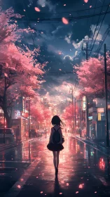 Girl walks through neon city under glowing cherry blossoms.