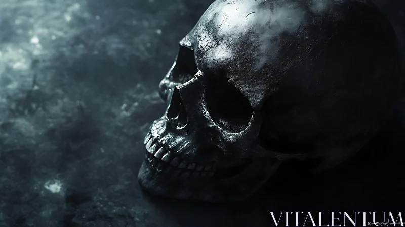 Obliquely lit human skull rendered with cinematic photorealism