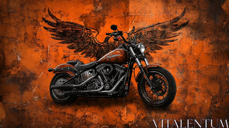 Flaming orange cruiser motorcycle surges against grunge wings