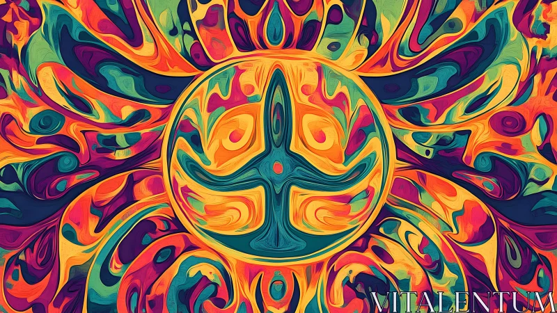 Psychedelic solar mandala with swirling tricolor symmetry.