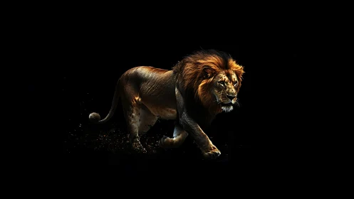 Side-lit male lion walking forward on black background.