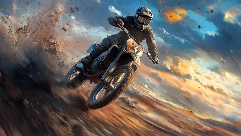 Motocross rider slashes dirt under blazing sunset sky.