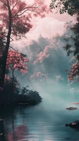 Misty river beneath rose-tinted forest canopy at dawn.