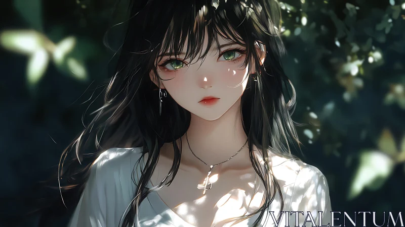 Backlit anime portrait renders soft foliage bokeh and specular skin