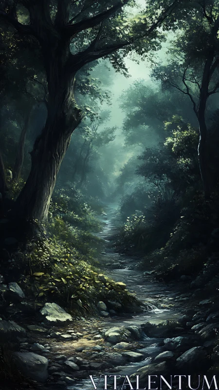 Misty Forest Stream: Towering Ancient Trees Frame Flowing Water