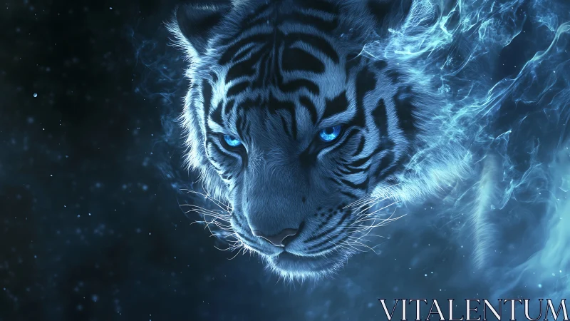 Blue-illuminated tiger head in dark abstract environment.