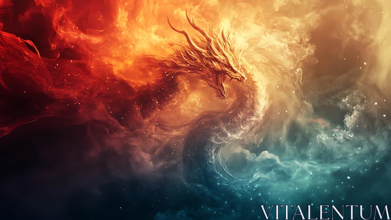 Infernal aurora dragon emerging through split firestorm.