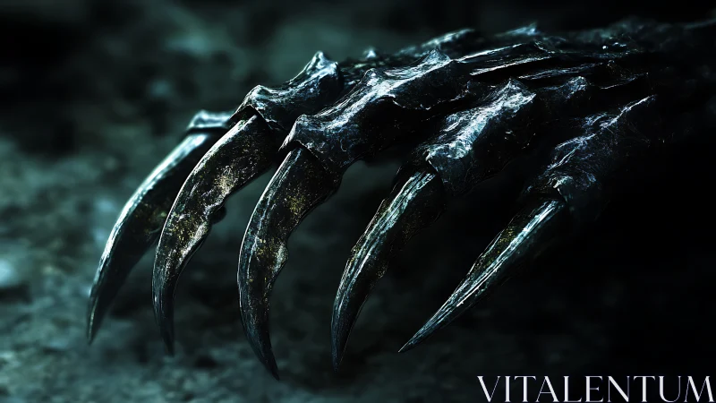 Predatory metallic claw rendered in cinematic low key light.