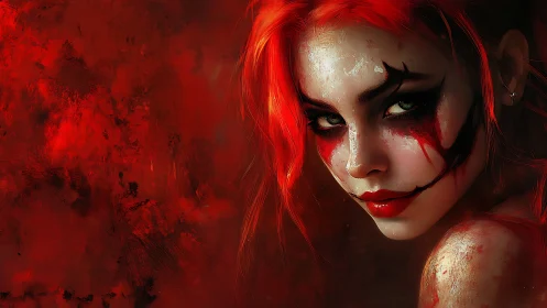 Crimson-haired jester portrait in expressive digital chiaroscuro.