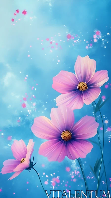 Blooming Pink Cosmos Flowers Dancing in Blue Sky Magic