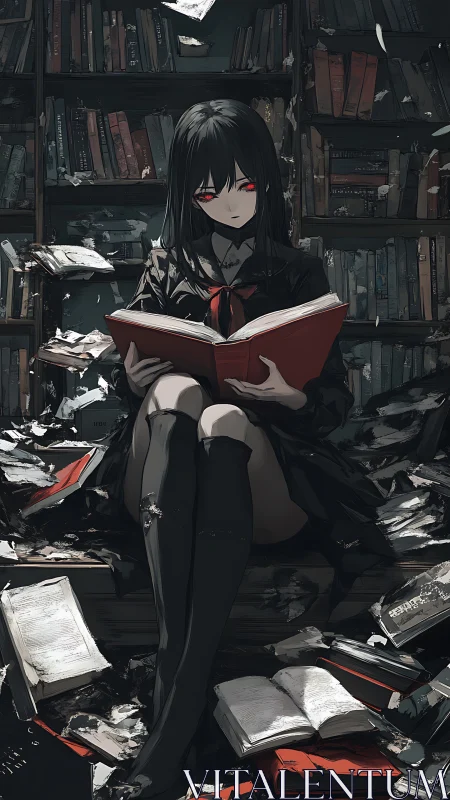 Girl with red eyes reads a book amid scattered library volumes