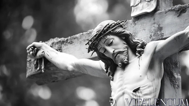 Silent stone sorrow leans forward from a weathered cross
