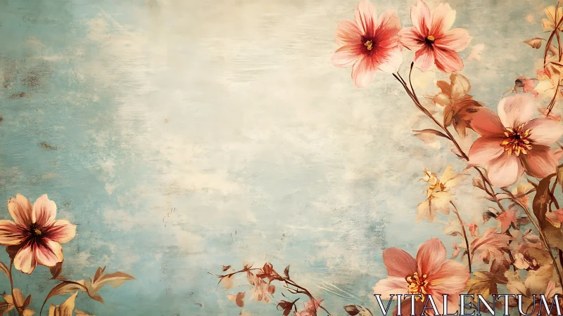 Soft coral blossoms drift across a weathered blue sky.