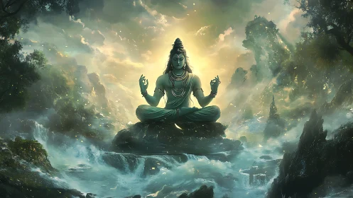 Divine mountain meditation in luminous digital painting style.