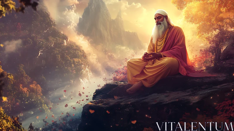 Mountain sage in glowing autumn valley at sunrise meditation.