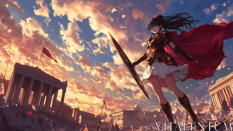 Armored anime heroine dominates sunset-lit classical ruins