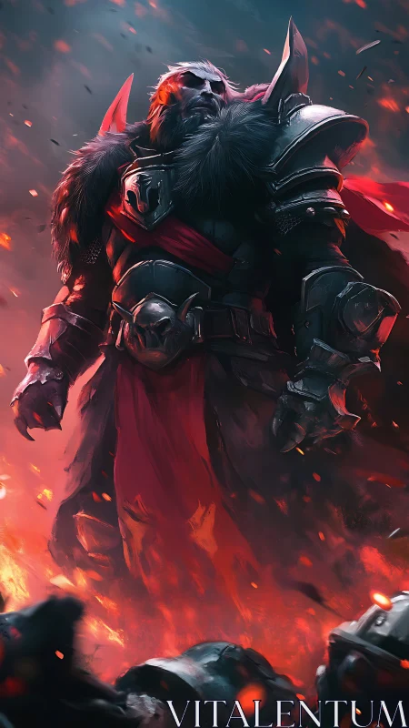 Digital painting of armored warlord amid ascending embers.