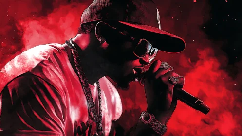 Hip hop vocalist commands stage under red smoke haze.
