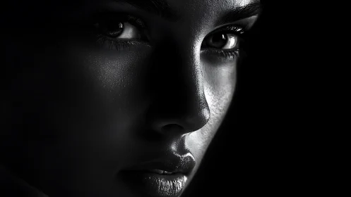 Glimmering gaze in deep shadowed monochrome portrait.