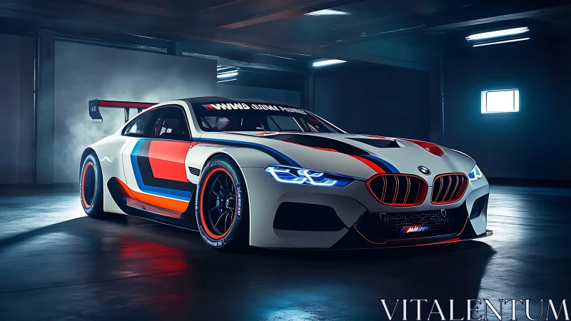 BMW race car rendered in dark garage with accent lighting
