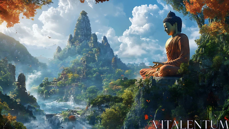 Large seated Buddha statue above misty valley landscape.