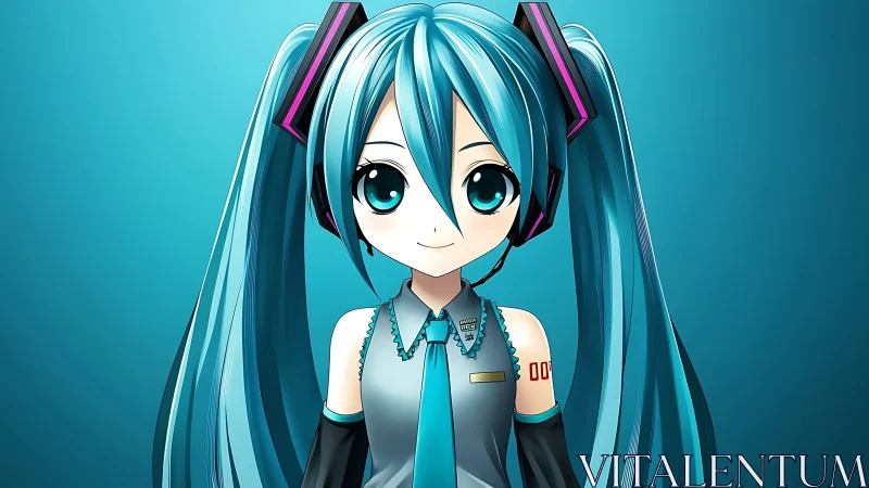 Electric teal twin-tails beam pop-bright against cyan calm