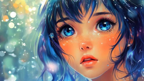 Chromatic close-up of blue-haired girl with refracted droplets.