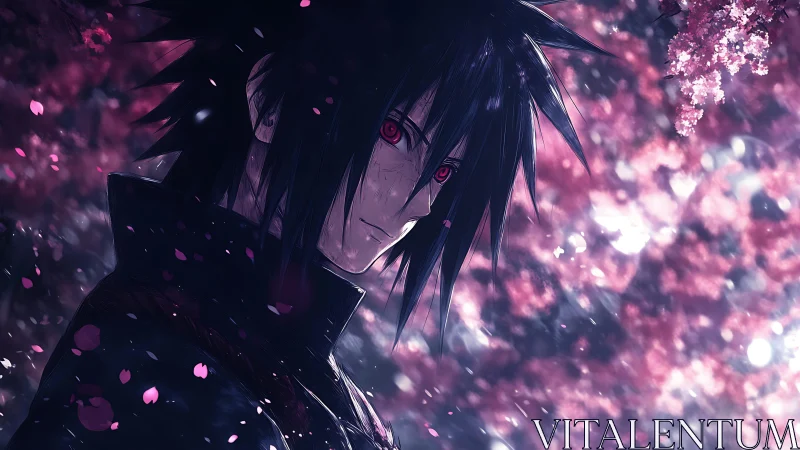 Moody anime portrait with rim lighting amid blurred sakura bokeh