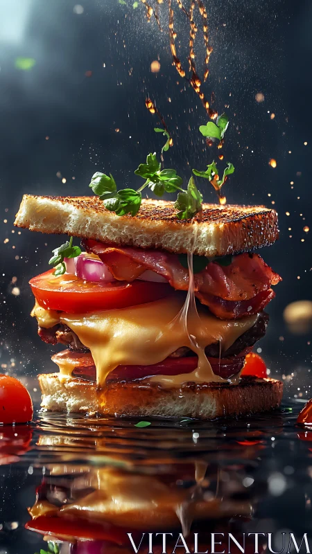 Gourmet cheeseburger stack with dripping sauce splash.