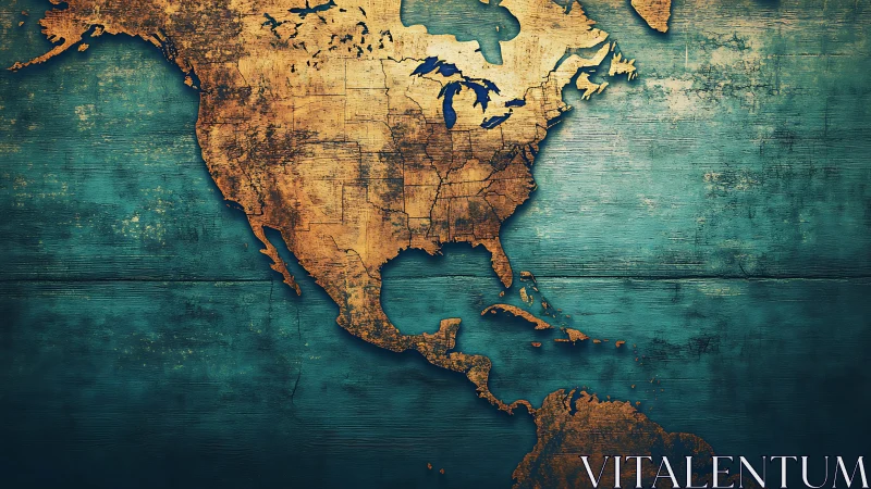 Textured North America map over distressed teal wood