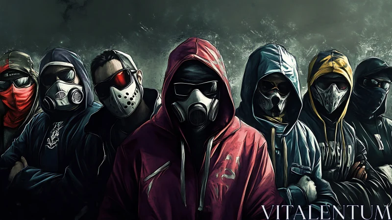 Group of masked figures in hoodies face viewer in formation