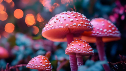 Glowing fly agaric mushrooms under dreamy forest bokeh.