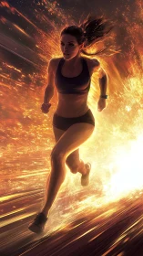 Female runner in motion within abstract fiery light field.