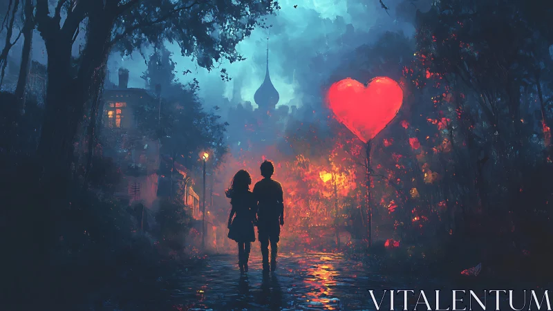 Urban Couple Beneath Glowing Heart in Dystopian Cityscape.