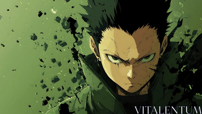 Intense anime boy amid green shards and debris.