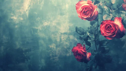 Red Roses Against Weathered Turquoise Wall.