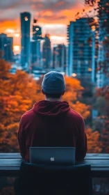Quiet city sunset with a cozy hoodie and laptop companion.