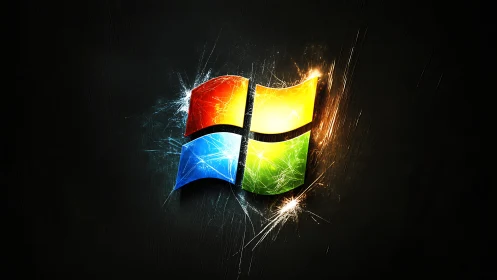 Windows logo with light streaks on dark textured background.