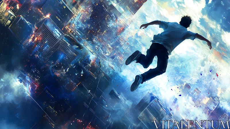 Man dives through luminous city skyline into swirling light
