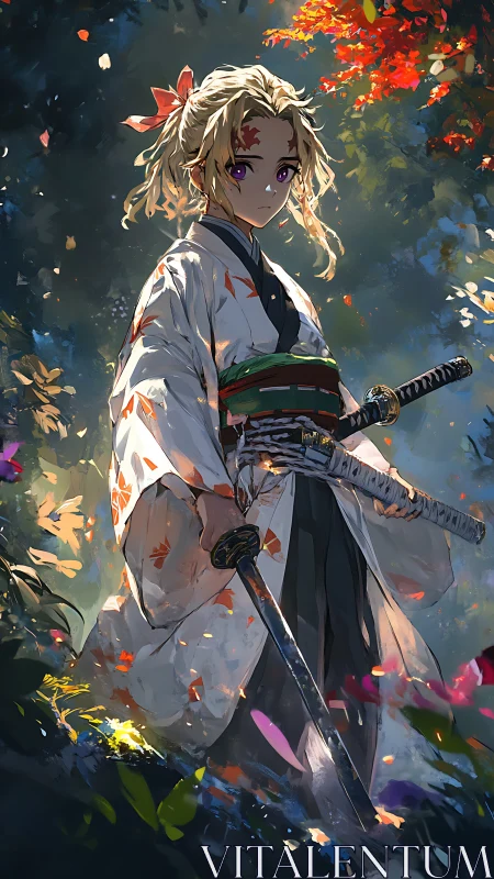 Anime samurai heroine in autumn forest, dynamic lighting study.