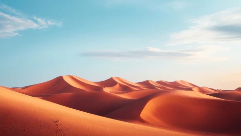 Sunlit desert sand dunes under clear sky panorama.