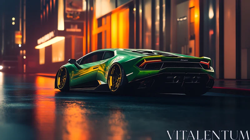 Midnight city glow with a sleek green supercar pause.