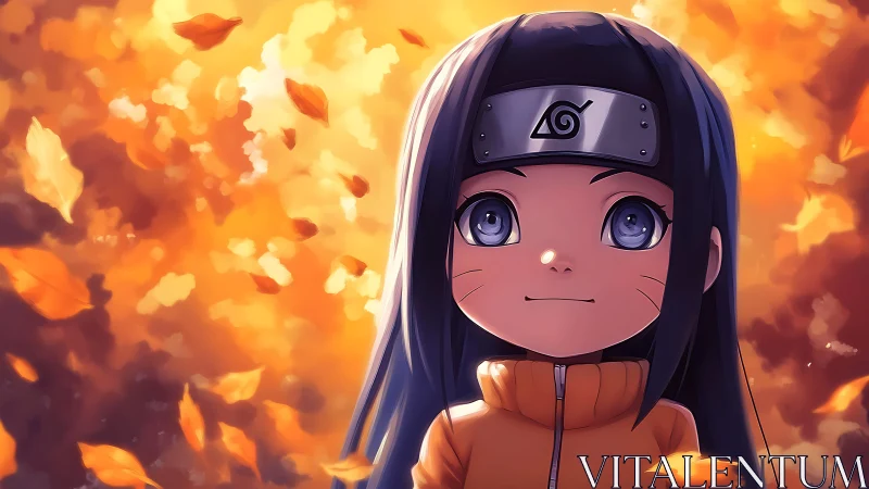 Anime ninja child portrait amid warm falling leaves.