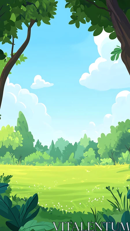 Daylight landscape scene with layered forest vegetation under clear sky