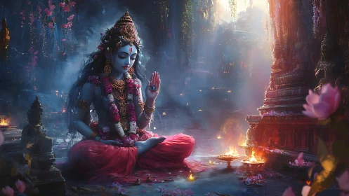 Divine blue goddess in lotus meditation amid temple fires.