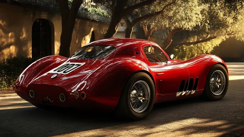 Vintage red race coupe glows under dappled evening light