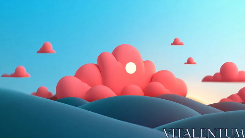 Minimal 3D landscape with stylized pink clouds and sun.