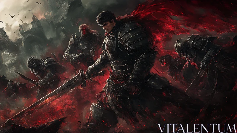 Armored dark knight leading bloodlit battlefield charge