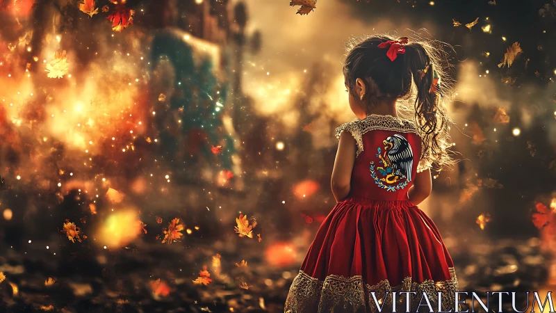 Young Girl in Red Dress Watches Golden Autumn Unfold.